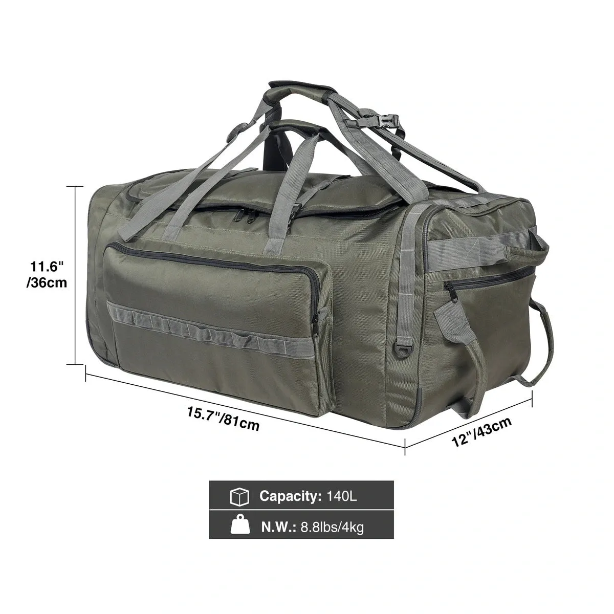 140L Tactical Duffle Bag with Wheels and Backpack Straps