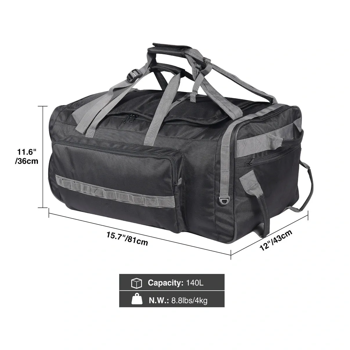 140L Tactical Duffle Bag with Wheels and Backpack Straps