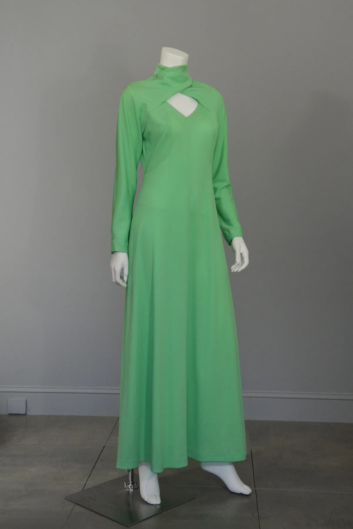 1970s Mint Green 'Katy Perry' Cutout Knit Maxi Dress Disco Era Keyhole Bodice, Size L