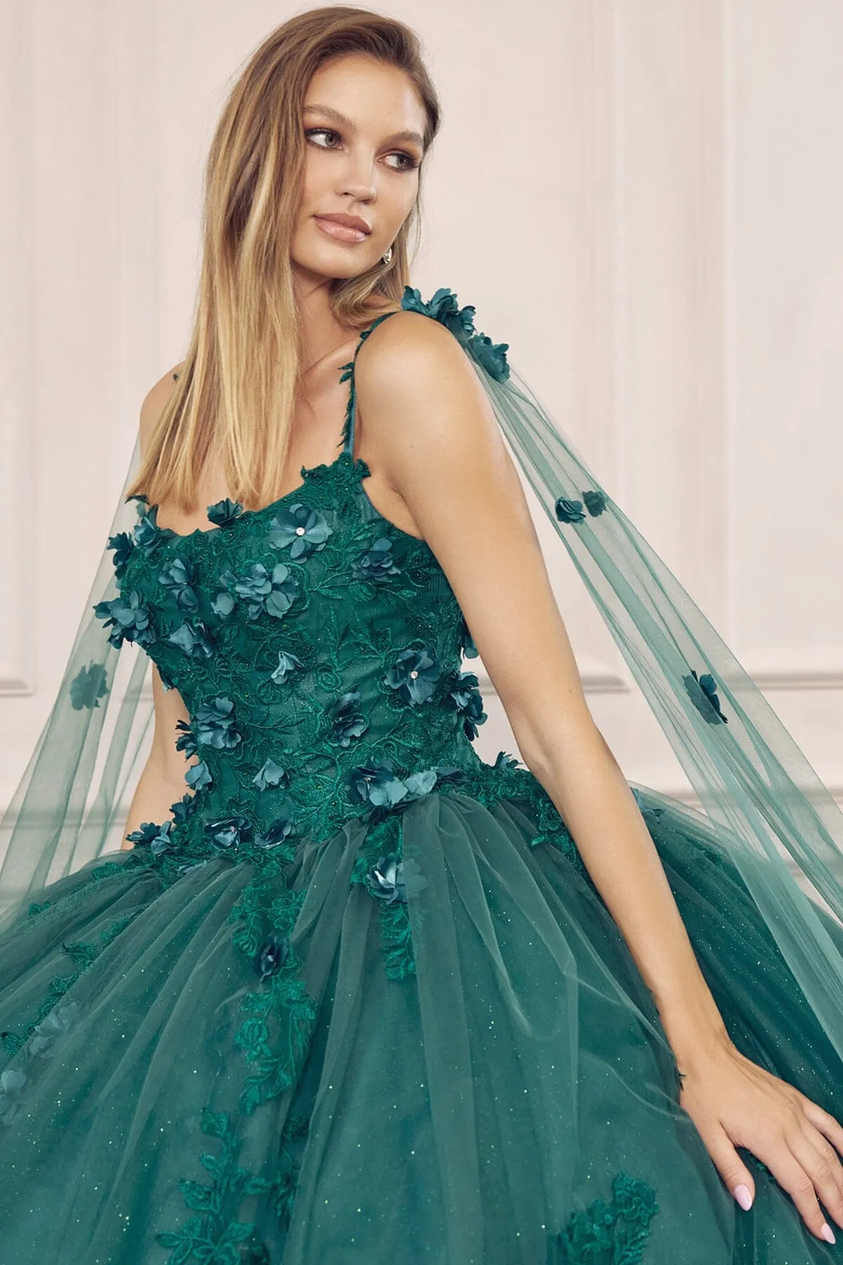 3D Floral Sleeveless Cape Ball Gown by Juliet 1436