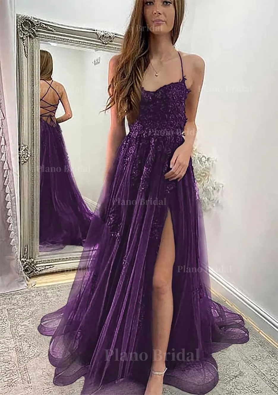 A-line Sweetheart Spaghetti Straps Sweep Train Tulle Prom Dress With Appliqued Split