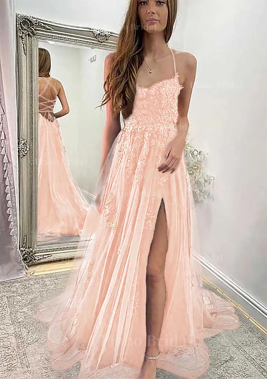 A-line Sweetheart Spaghetti Straps Sweep Train Tulle Prom Dress With Appliqued Split