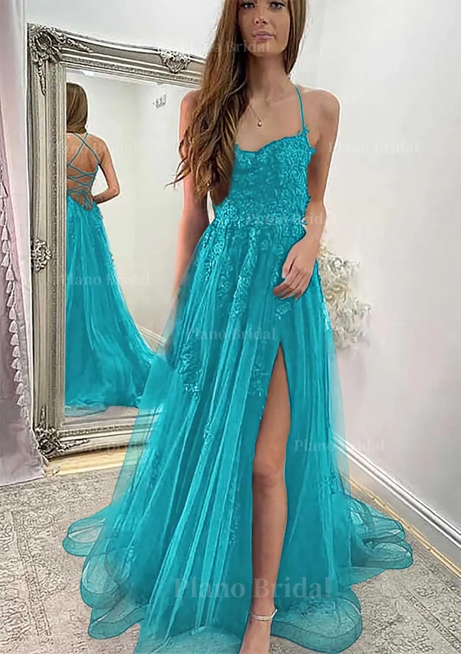 A-line Sweetheart Spaghetti Straps Sweep Train Tulle Prom Dress With Appliqued Split