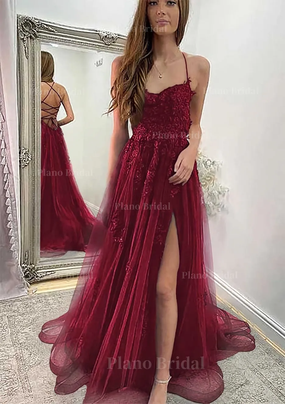 A-line Sweetheart Spaghetti Straps Sweep Train Tulle Prom Dress With Appliqued Split