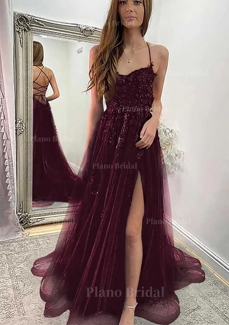 A-line Sweetheart Spaghetti Straps Sweep Train Tulle Prom Dress With Appliqued Split