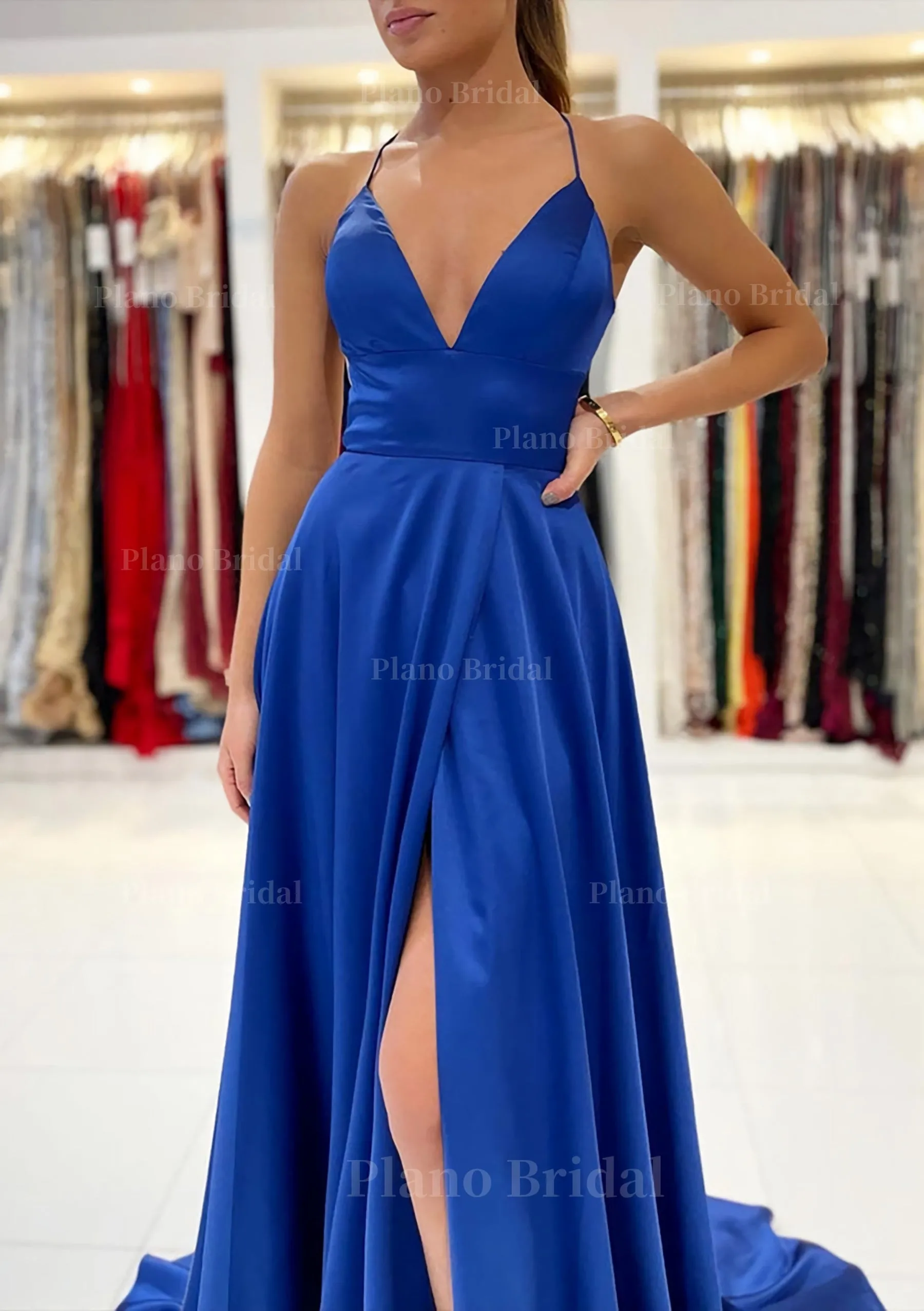 A-line V Neck Sleeveless Charmeuse Sweep Train Prom Dress With Split