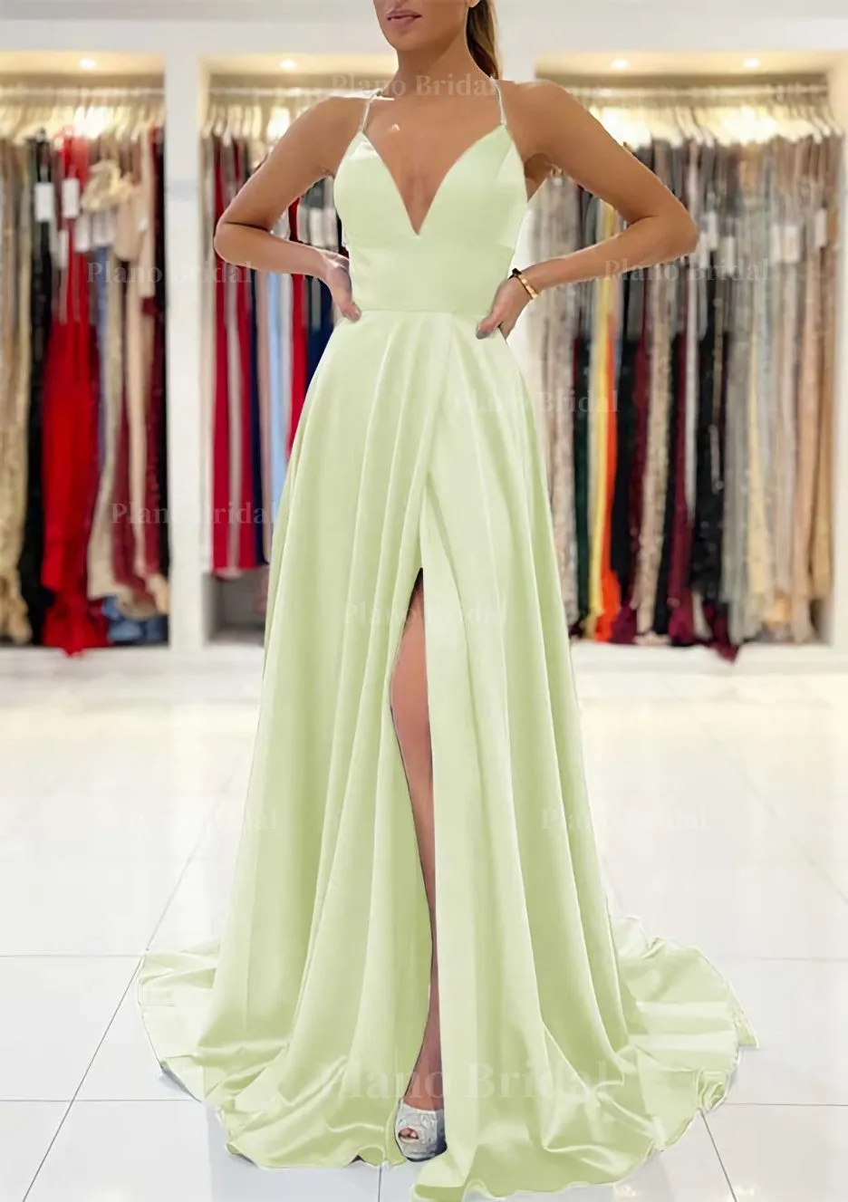 A-line V Neck Sleeveless Charmeuse Sweep Train Prom Dress With Split