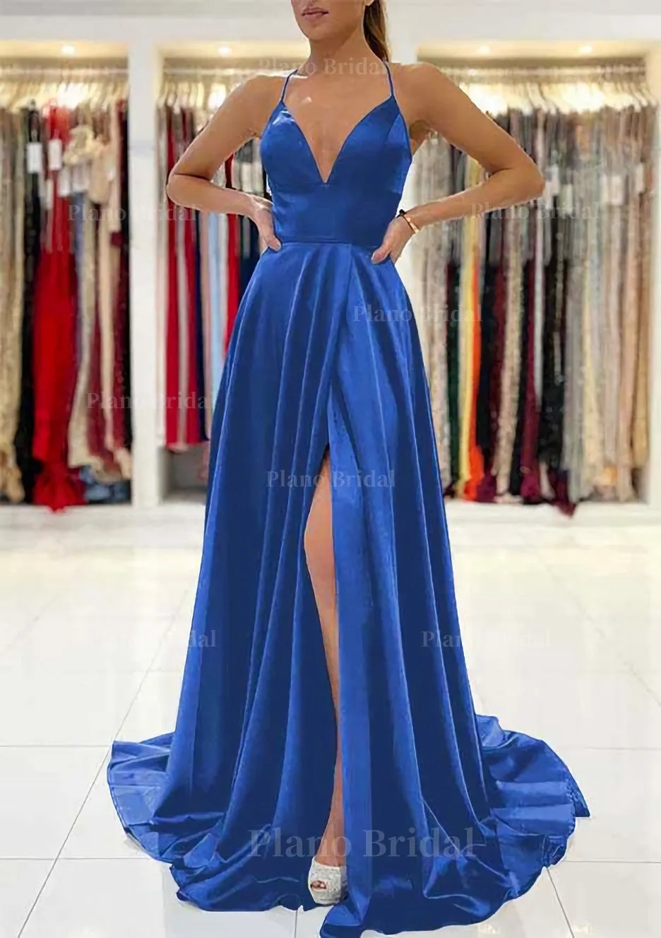 A-line V Neck Sleeveless Charmeuse Sweep Train Prom Dress With Split