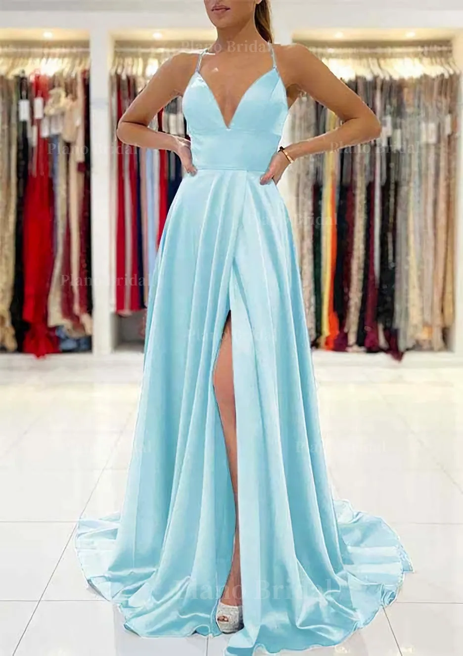 A-line V Neck Sleeveless Charmeuse Sweep Train Prom Dress With Split