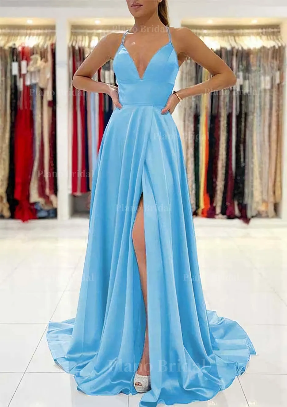 A-line V Neck Sleeveless Charmeuse Sweep Train Prom Dress With Split