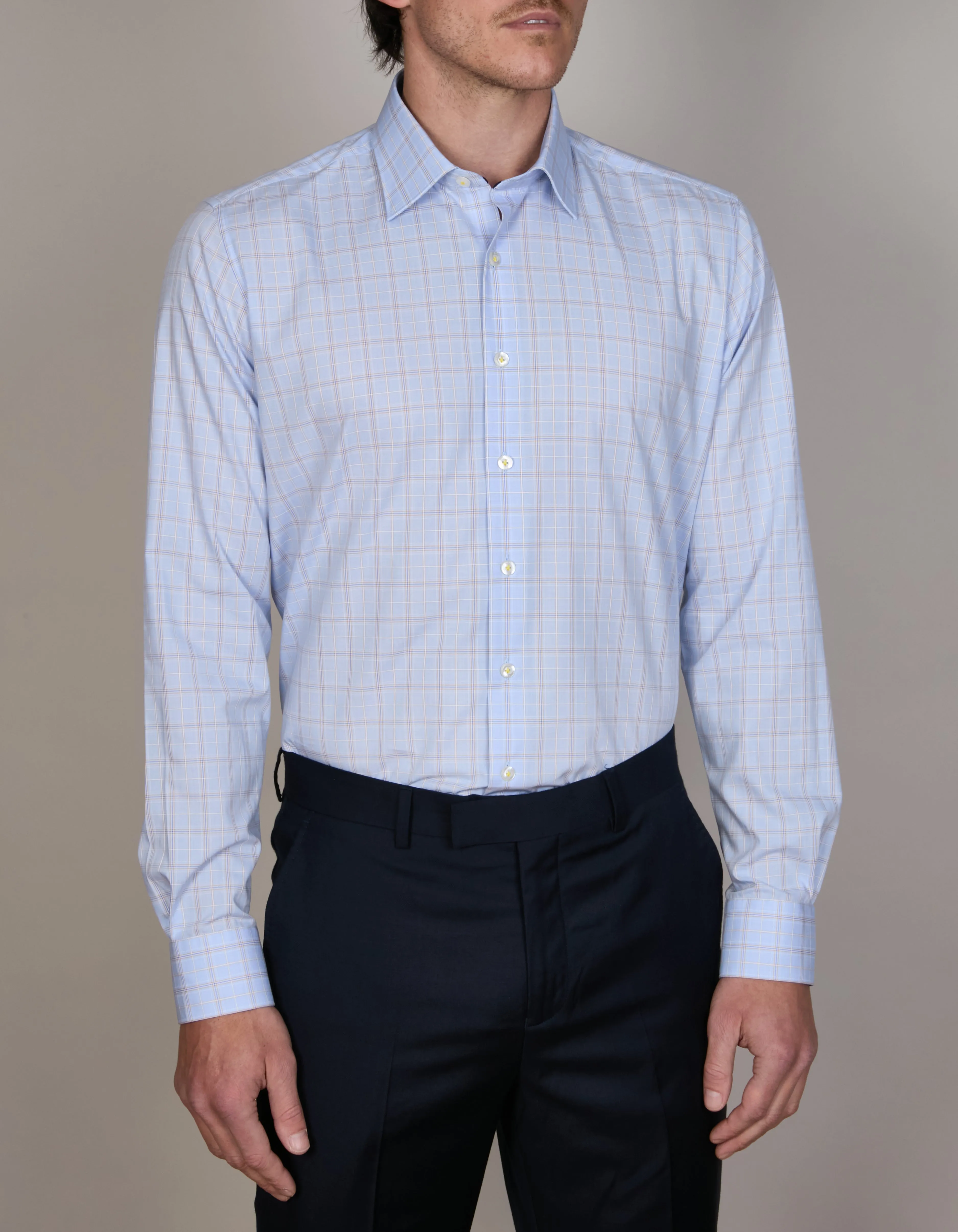 Abelard - Long Sleeve Business Shirt - Check - Sky/Camel