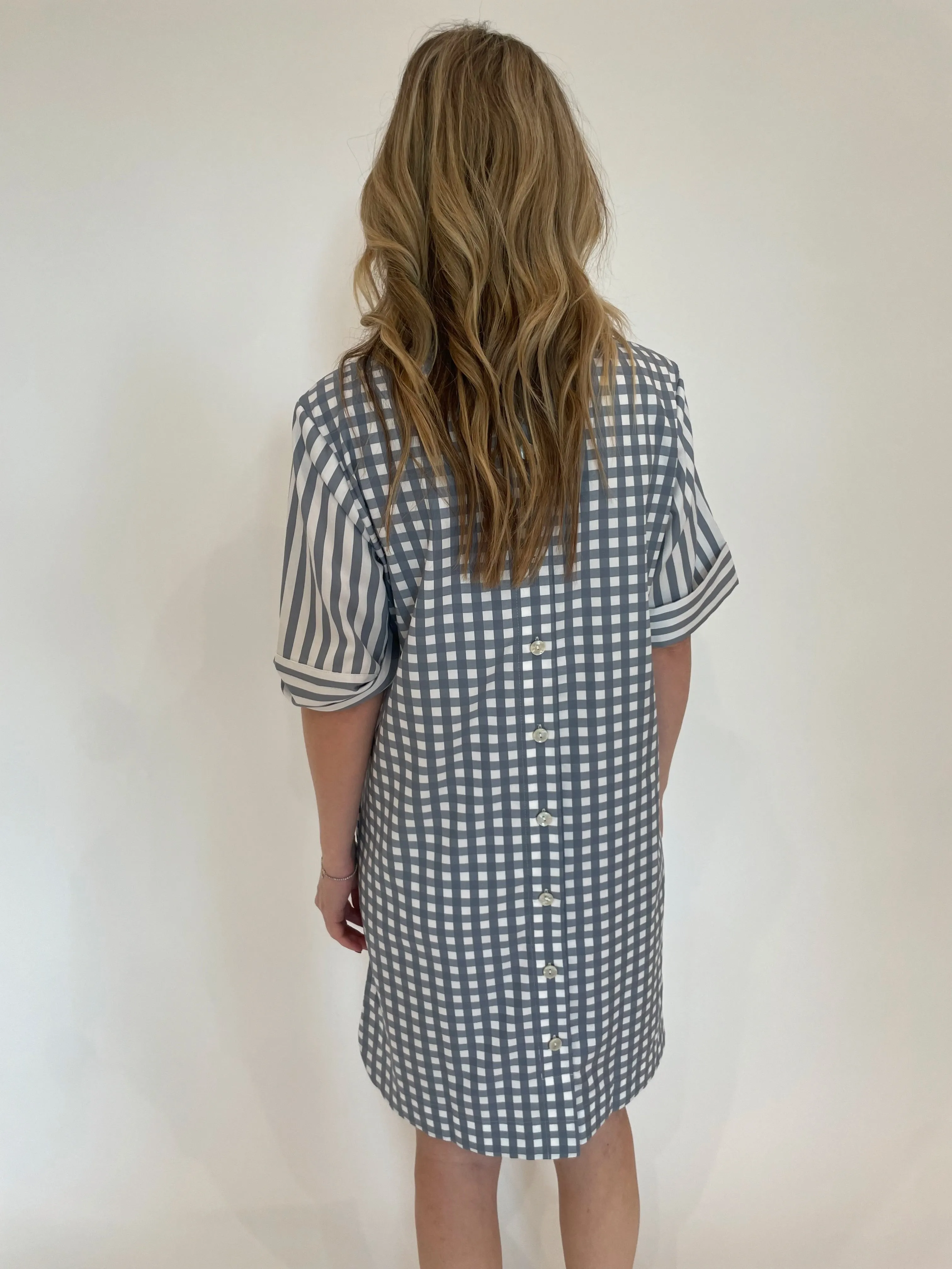 Aileen Stripe/Gingham Dress - French Grey/White