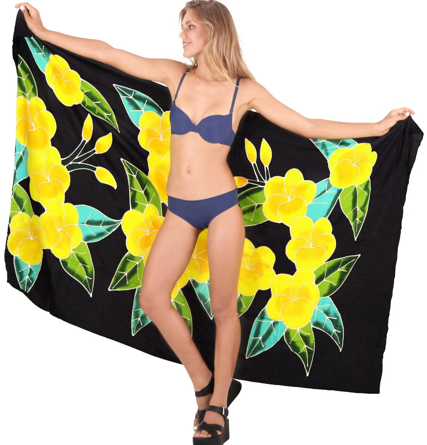 Allover Black Non-Sheer Hand Painted Yellow Prumeria Flower Beach Wrap For Women