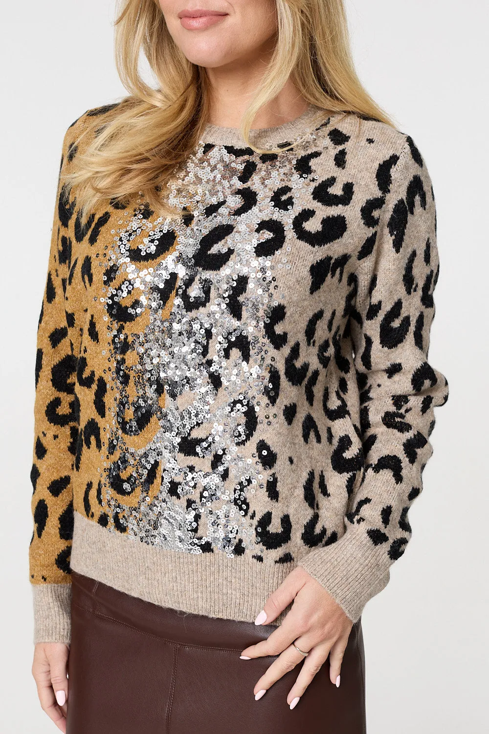 Animal Print Sequin Detail Jumper