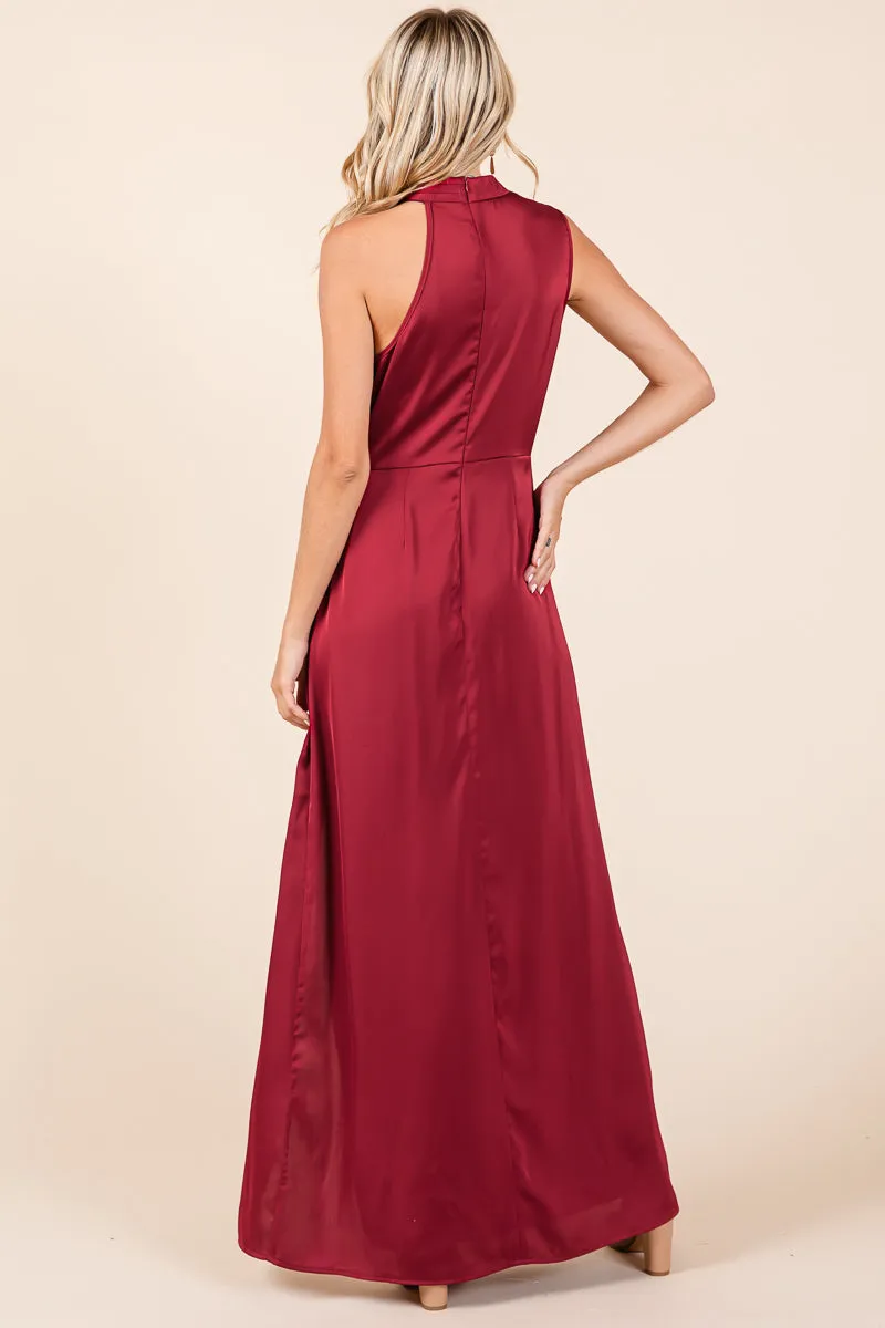 Asymmetric Ruched Satin Sleeveles Slit Maxi Dress