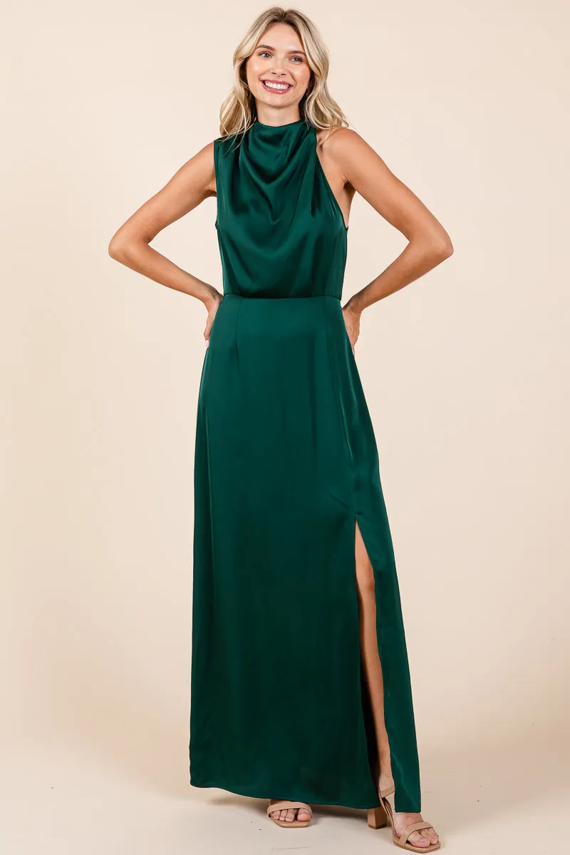 Asymmetric Ruched Satin Sleeveles Slit Maxi Dress