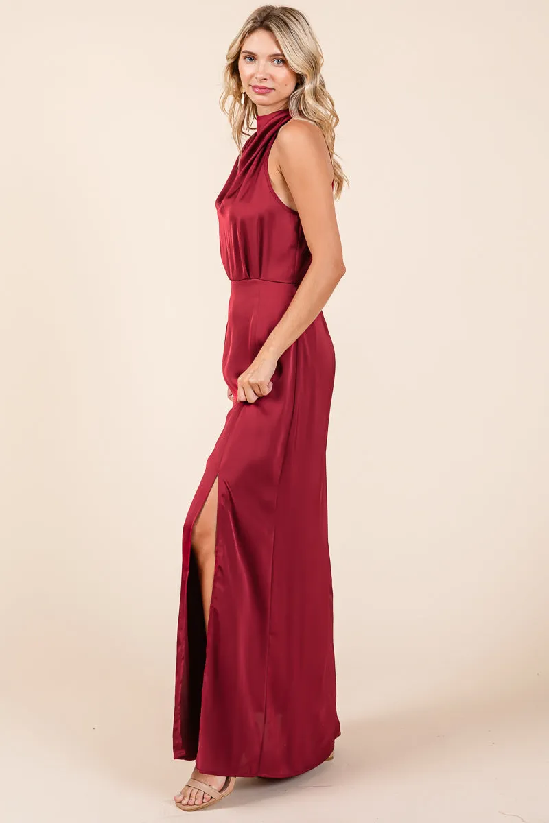 Asymmetric Ruched Satin Sleeveles Slit Maxi Dress