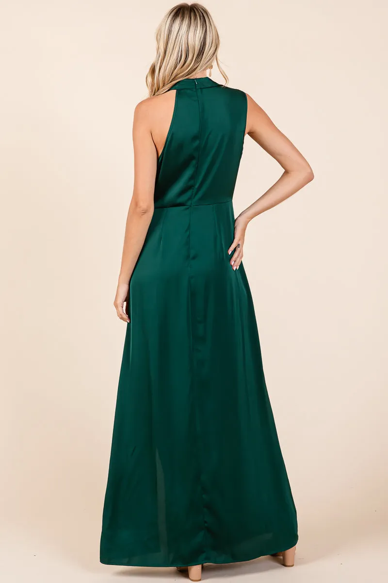 Asymmetric Ruched Satin Sleeveles Slit Maxi Dress