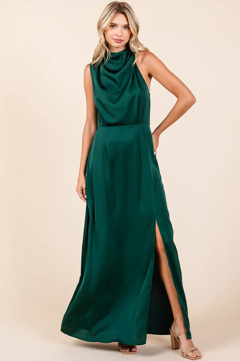 Asymmetric Ruched Satin Sleeveles Slit Maxi Dress