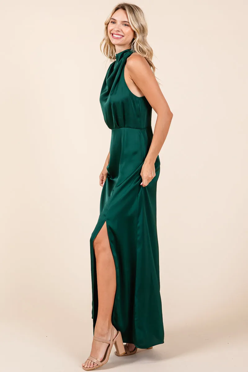 Asymmetric Ruched Satin Sleeveles Slit Maxi Dress