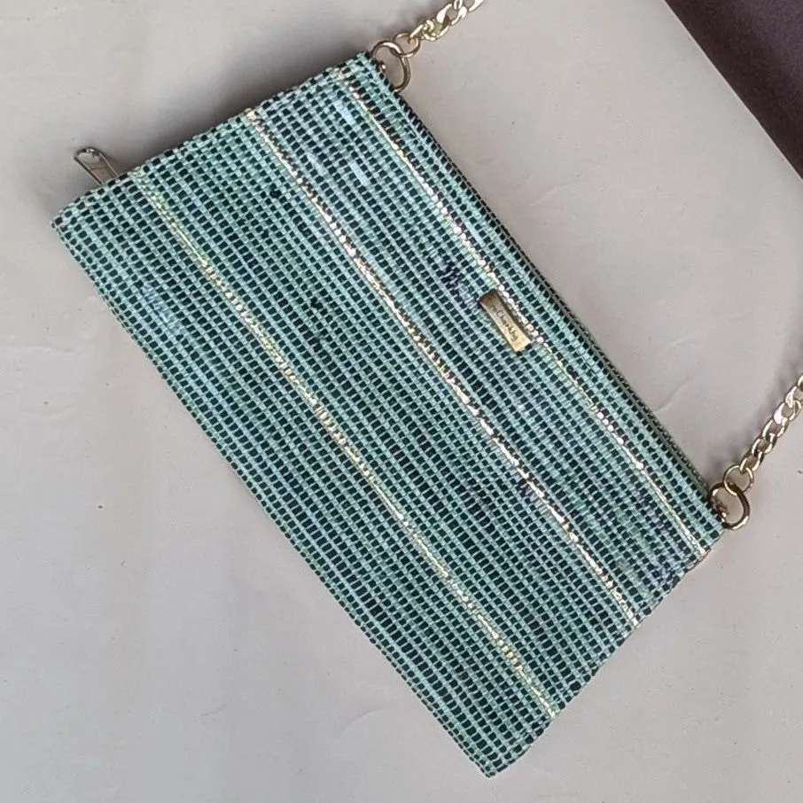 Black Green Shimmery Golden Striped Upcycled Handcrafted Trapeze Clutch (TC1224-006) PS_W