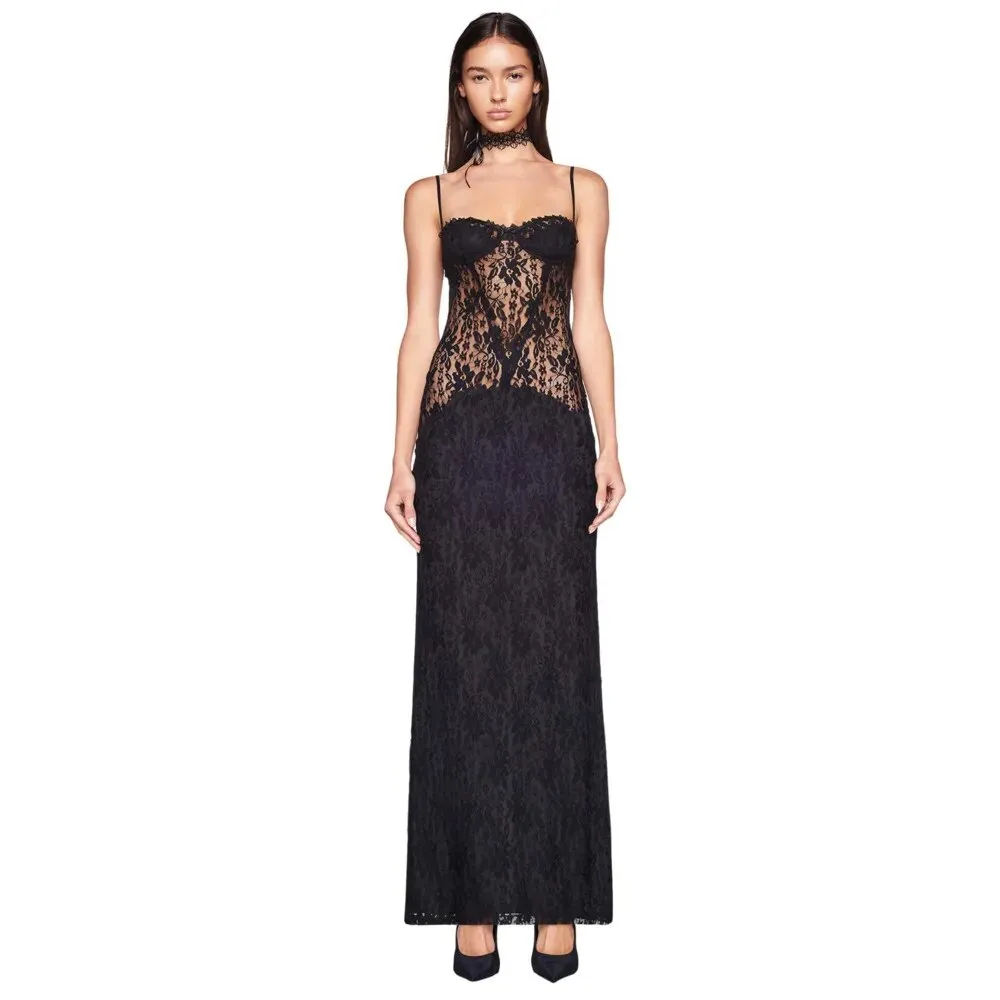 Black Lace Patchwork Charming Strappy Maxi Dress