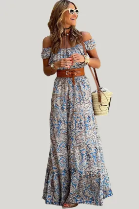 Blue Boho Paisley Print Off Shoulder Hawaiian Maxi Dress