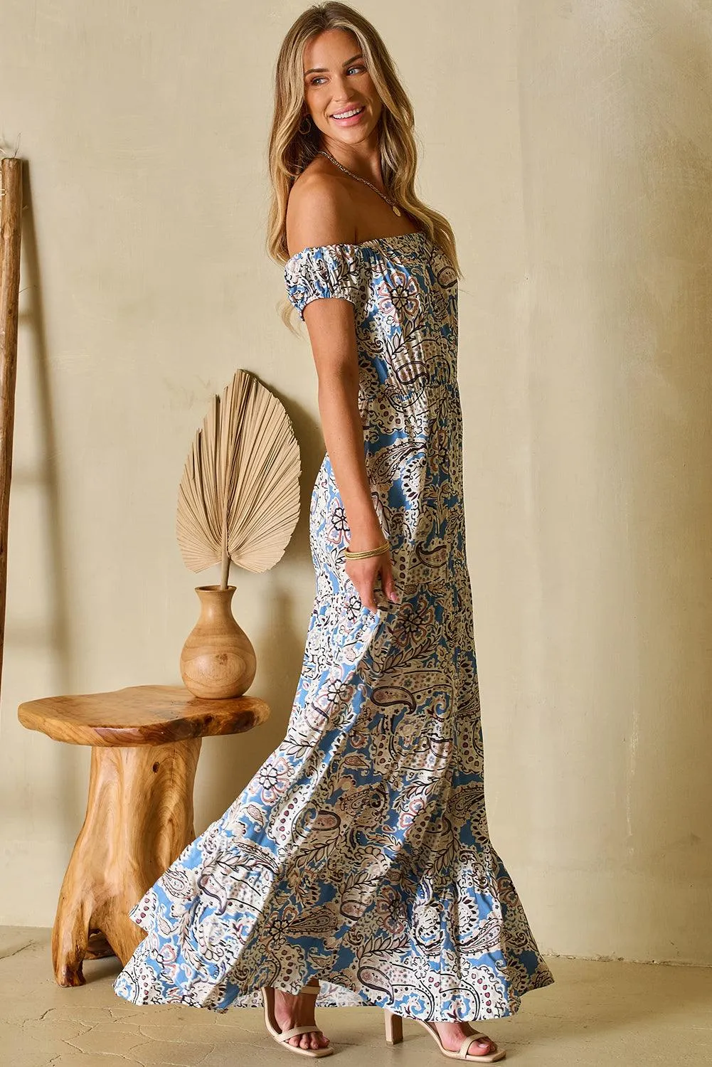 Blue Boho Paisley Print Off Shoulder Hawaiian Maxi Dress