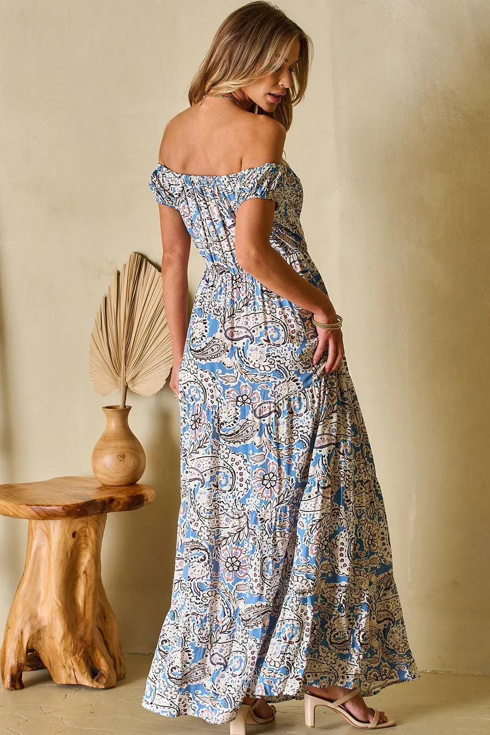 Blue Boho Paisley Print Off Shoulder Hawaiian Maxi Dress