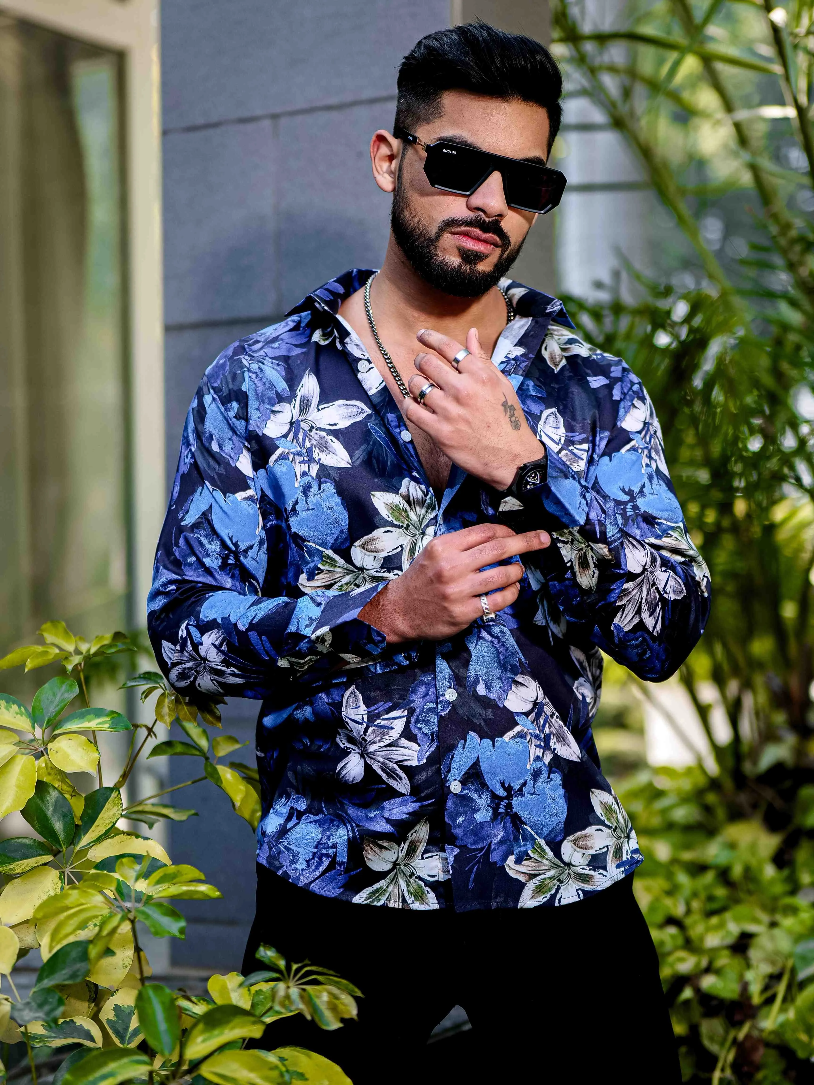 Blue Flower Giza Cotton Print Premium Shirt