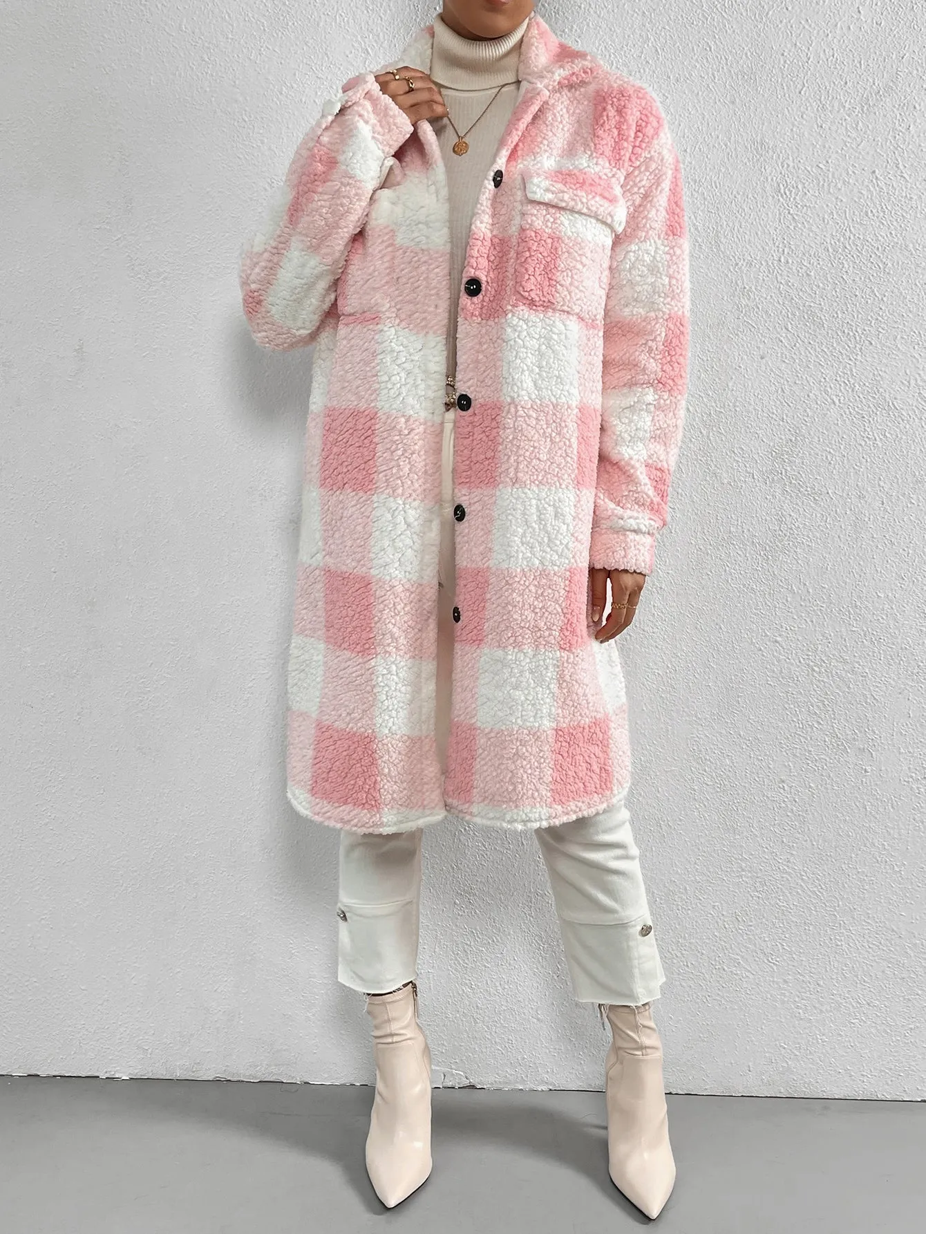 Buffalo Plaid Print Drop Shoulder Teddy Coat