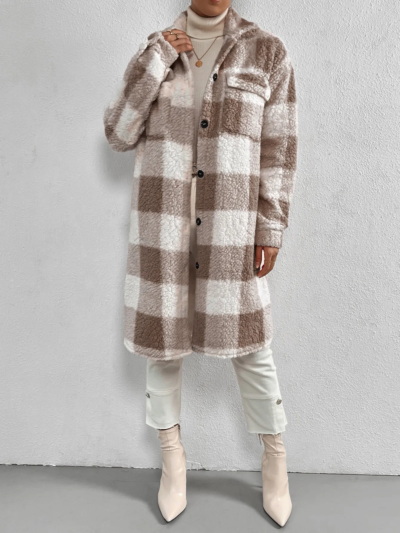 Buffalo Plaid Print Drop Shoulder Teddy Coat