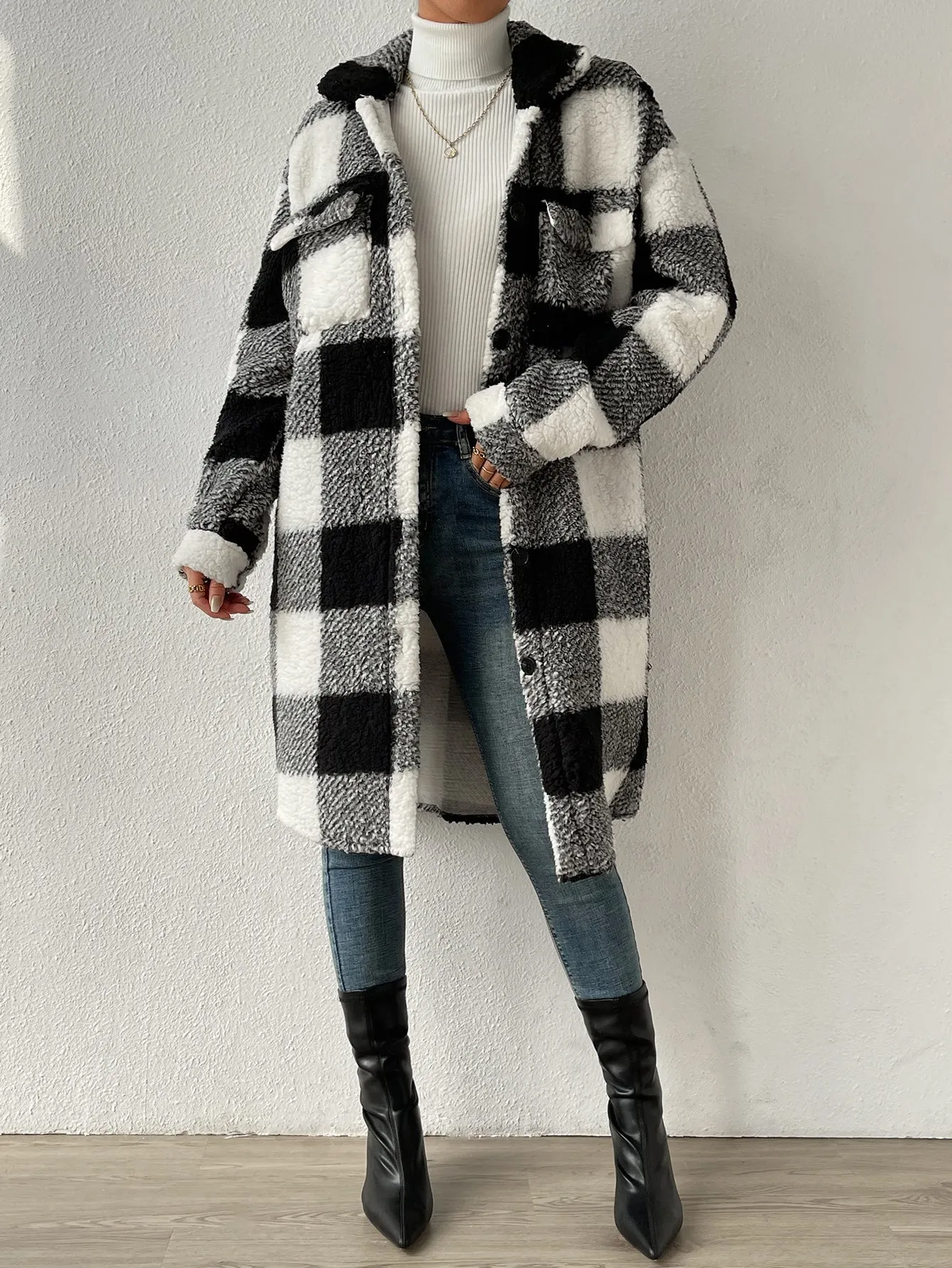 Buffalo Plaid Print Drop Shoulder Teddy Coat