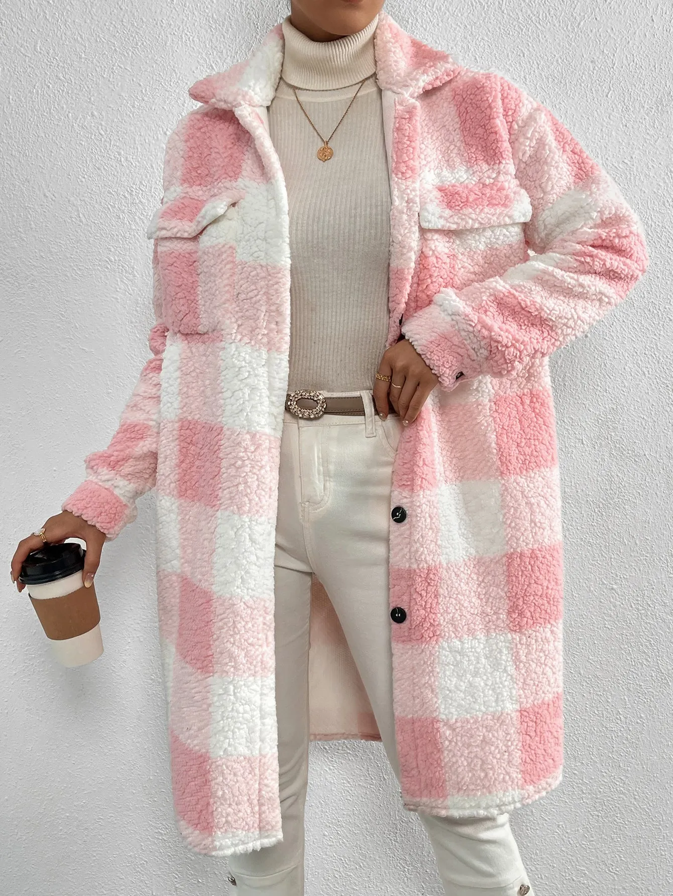 Buffalo Plaid Print Drop Shoulder Teddy Coat