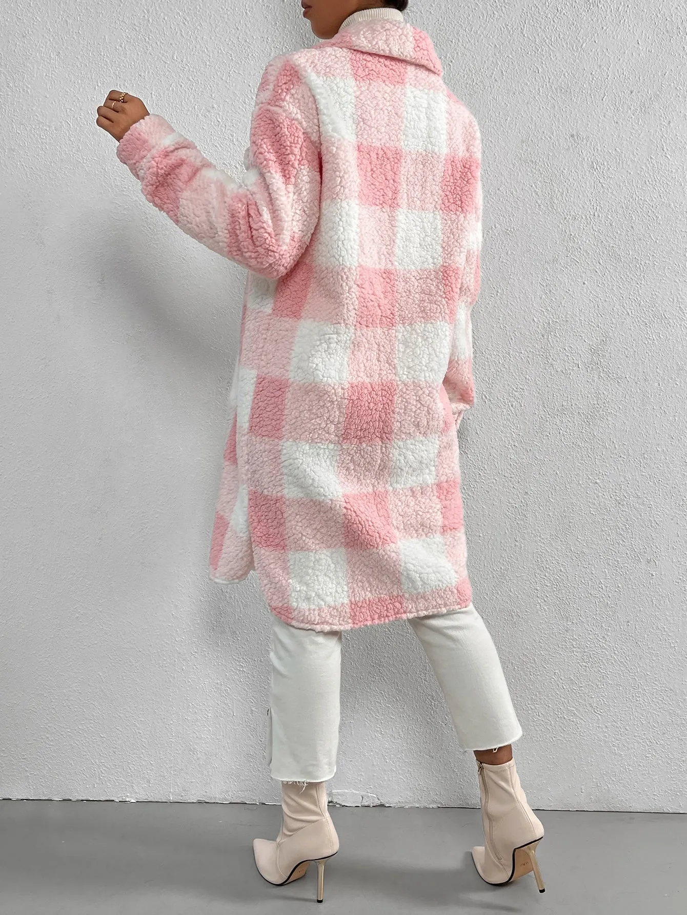 Buffalo Plaid Print Drop Shoulder Teddy Coat