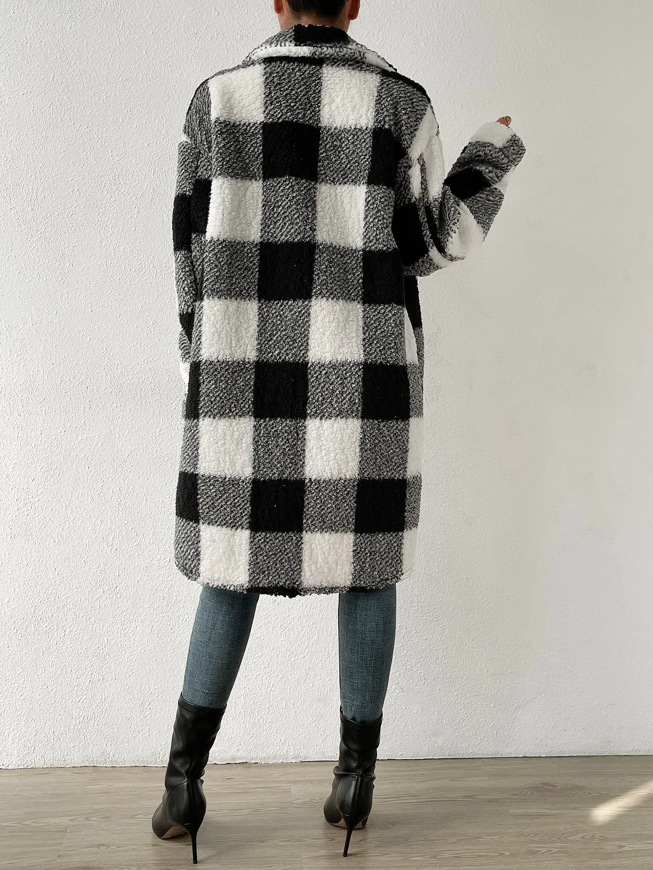 Buffalo Plaid Print Drop Shoulder Teddy Coat