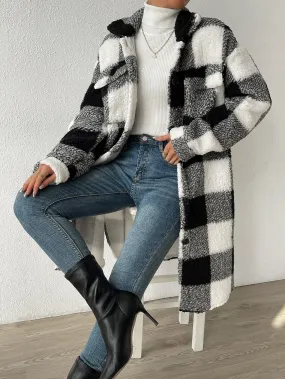 Buffalo Plaid Print Drop Shoulder Teddy Coat