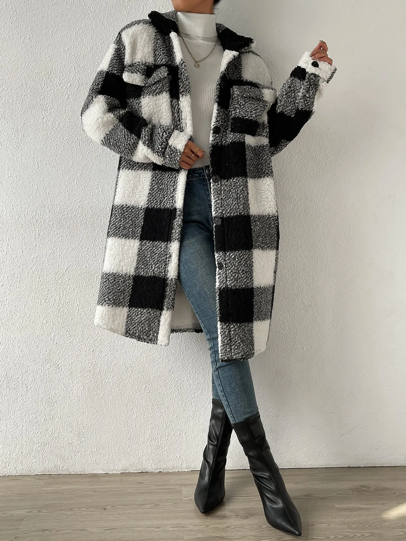 Buffalo Plaid Print Drop Shoulder Teddy Coat