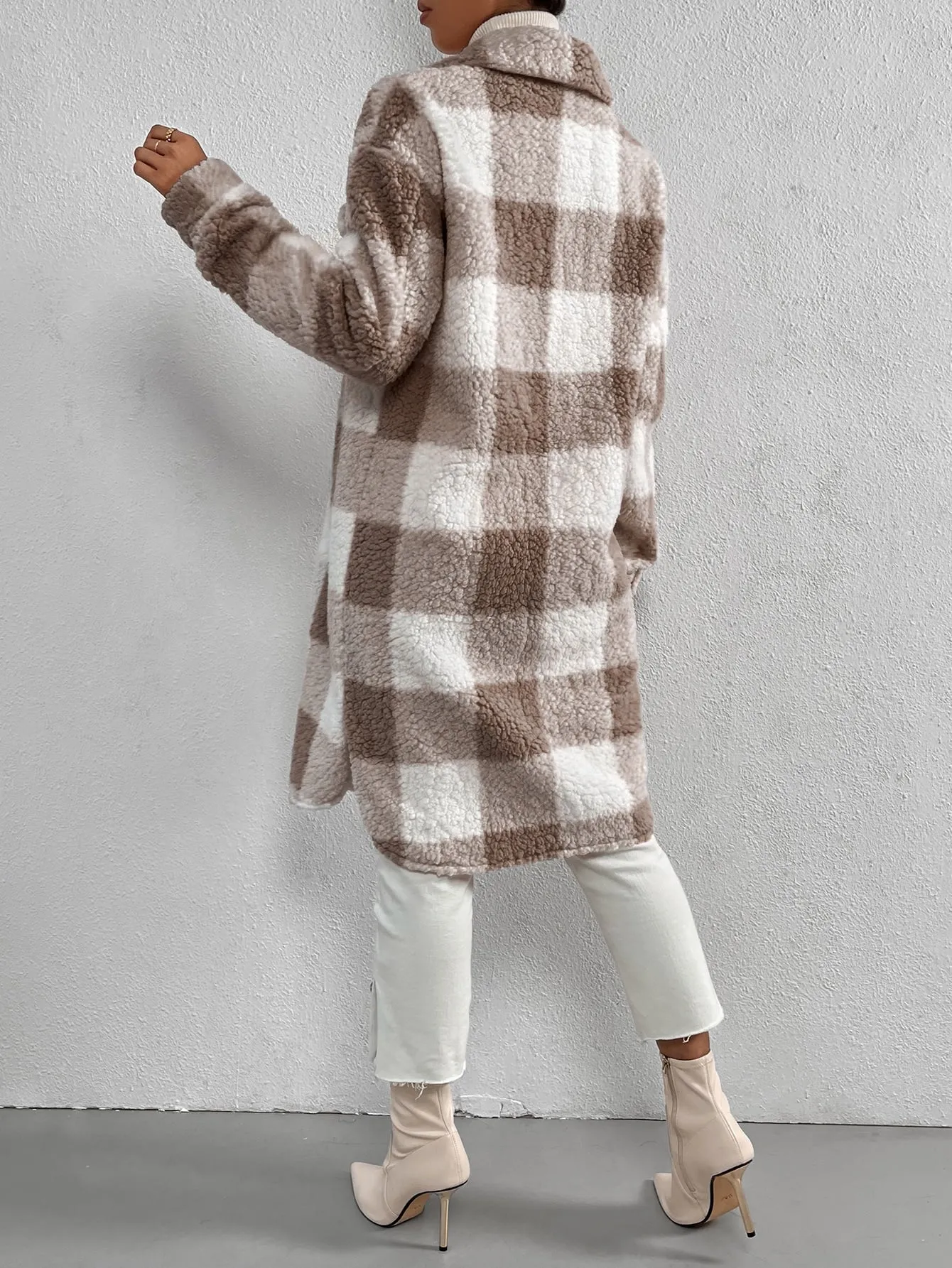 Buffalo Plaid Print Drop Shoulder Teddy Coat