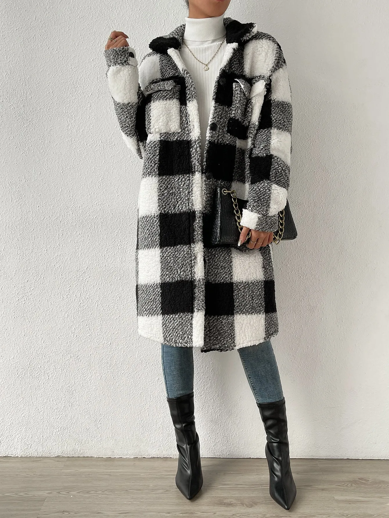 Buffalo Plaid Print Drop Shoulder Teddy Coat