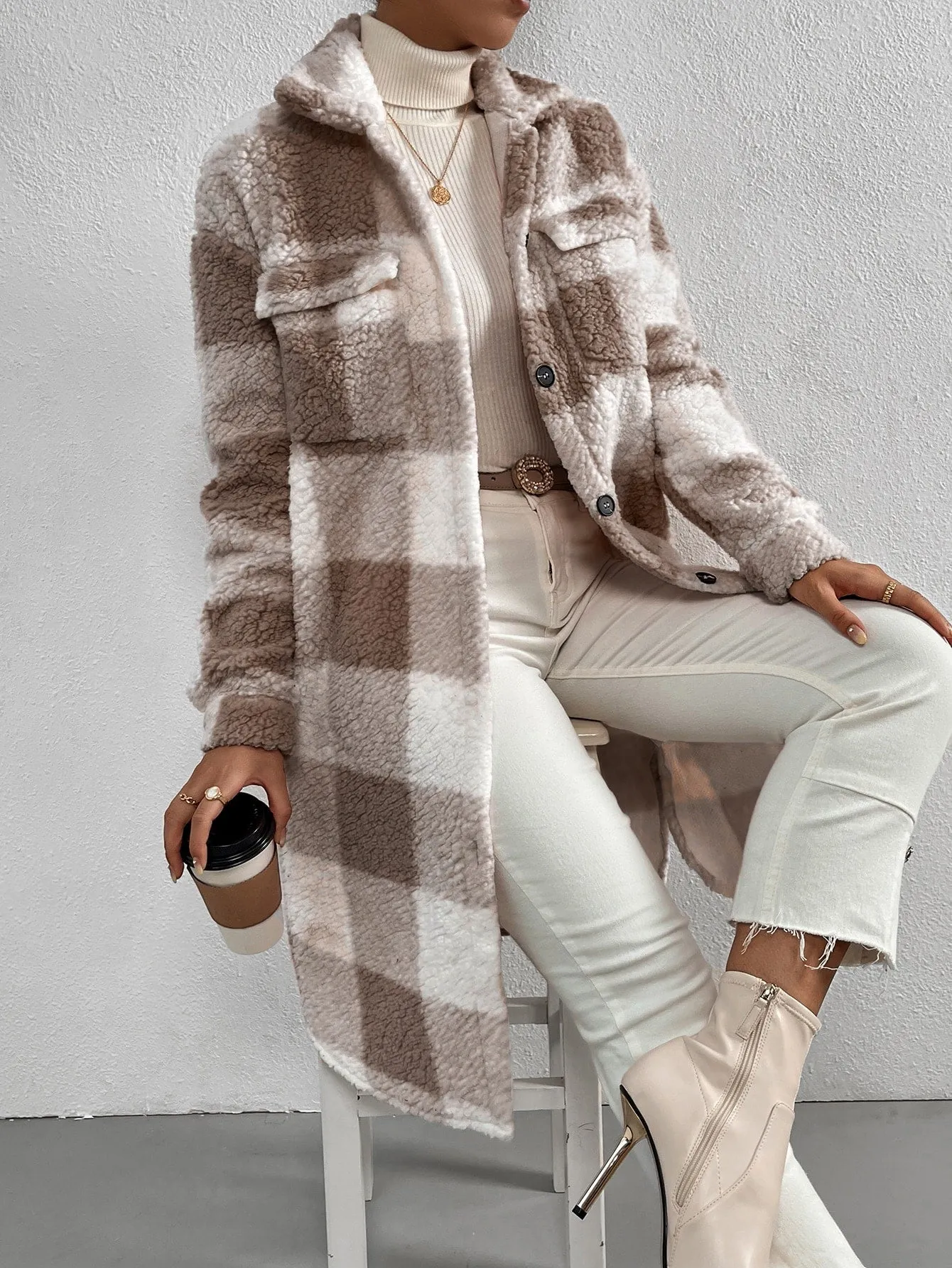 Buffalo Plaid Print Drop Shoulder Teddy Coat