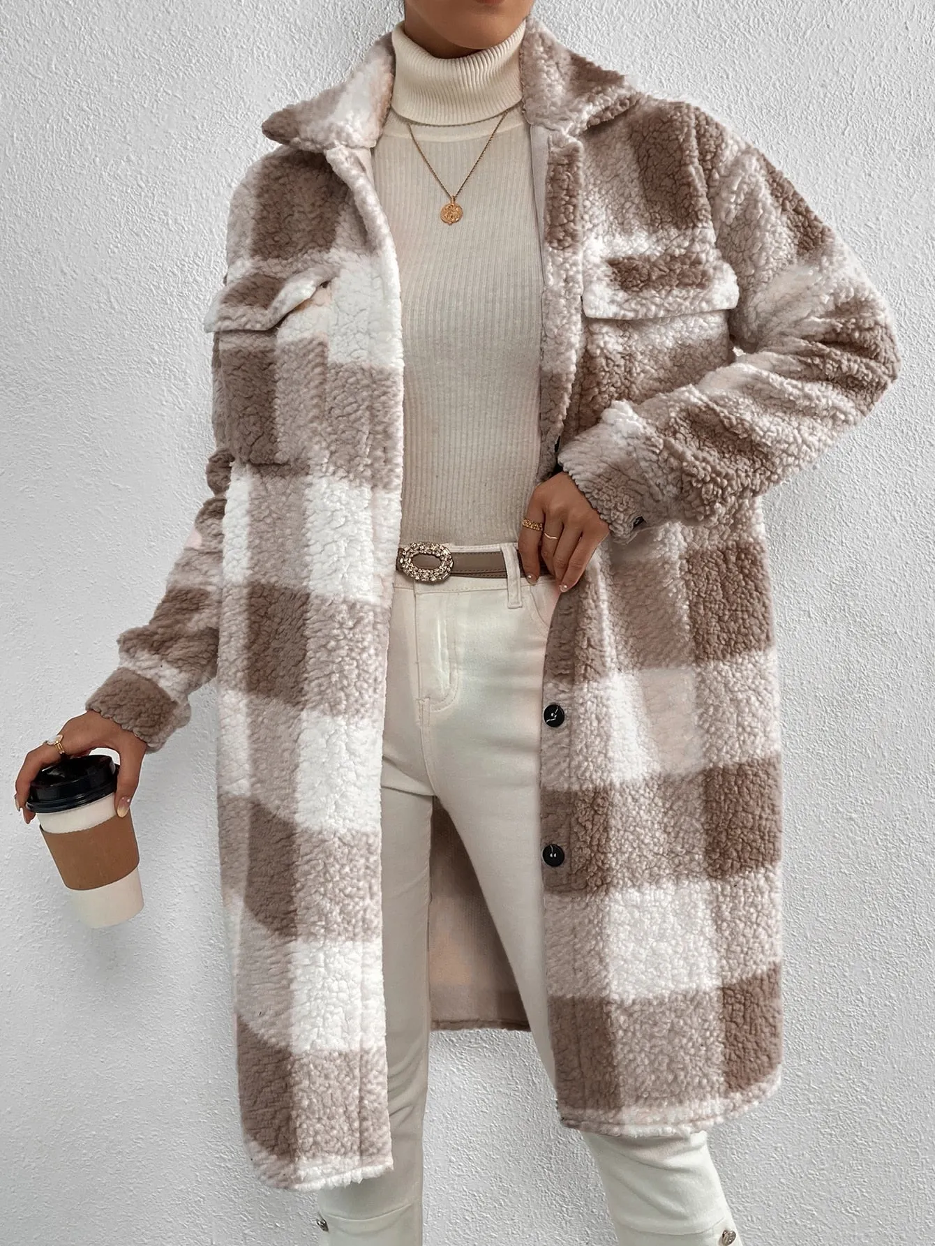 Buffalo Plaid Print Drop Shoulder Teddy Coat