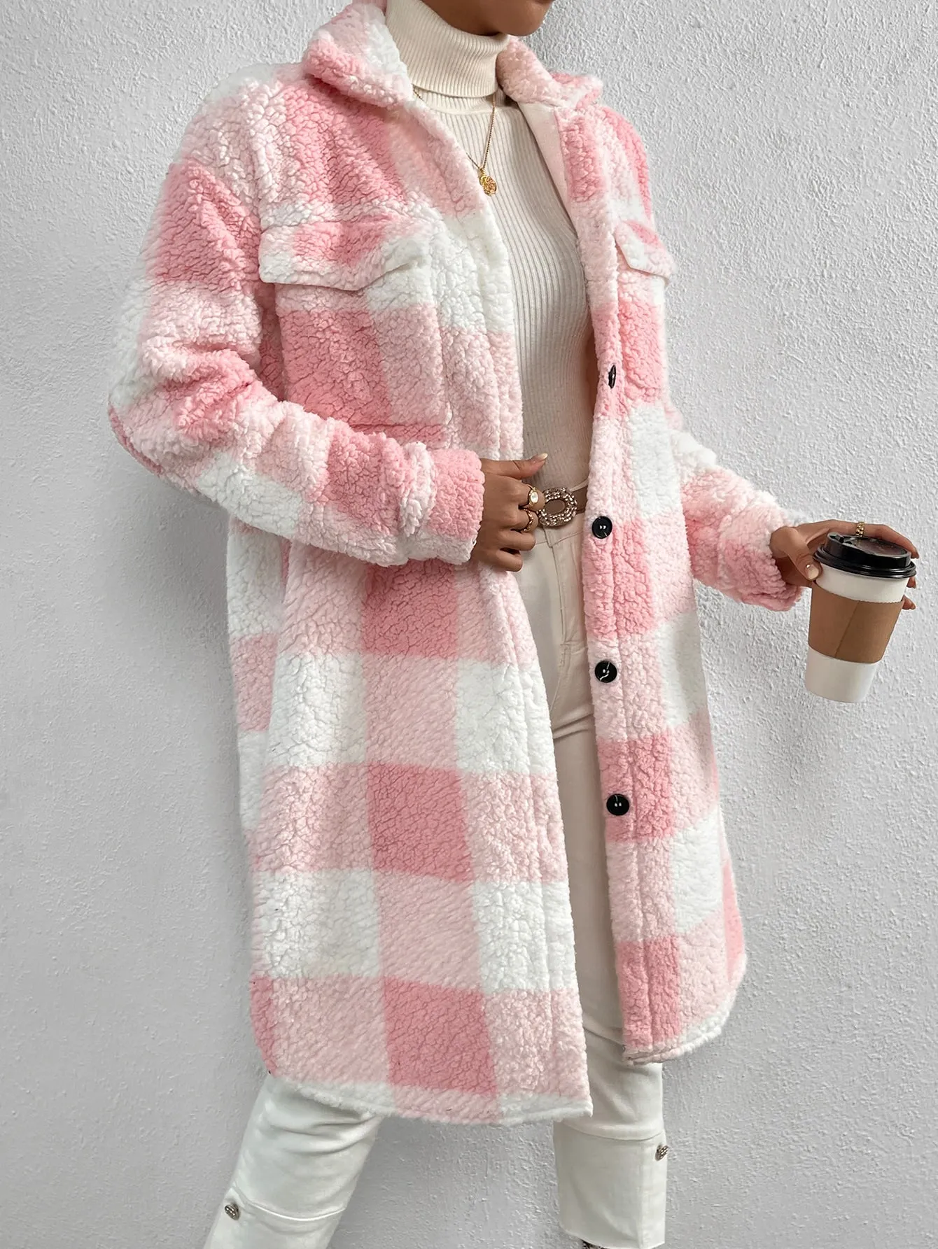 Buffalo Plaid Print Drop Shoulder Teddy Coat