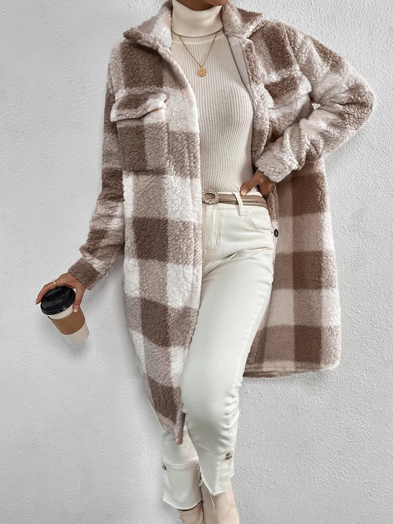 Buffalo Plaid Print Drop Shoulder Teddy Coat