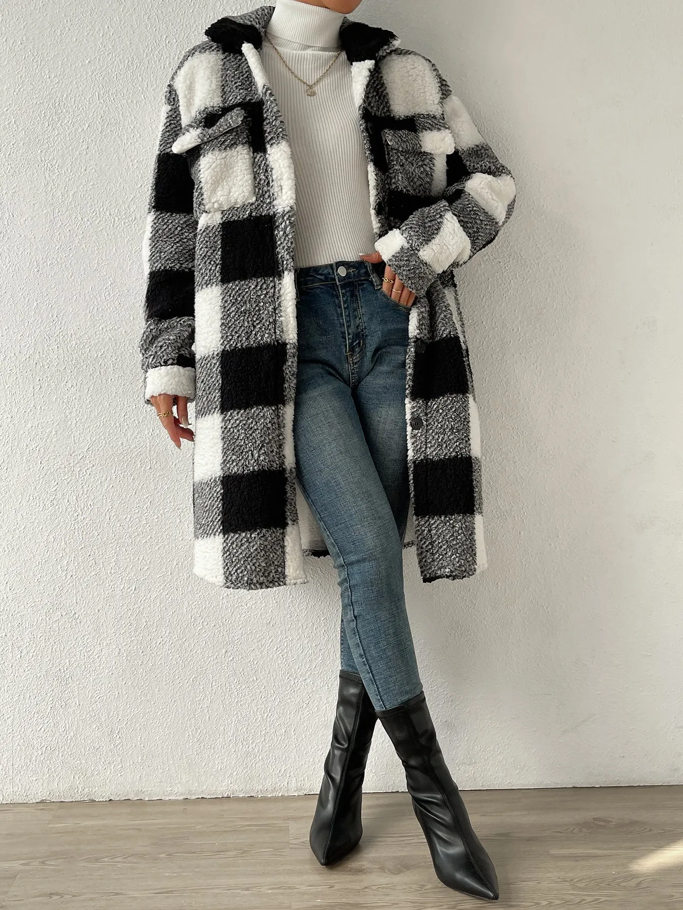 Buffalo Plaid Print Drop Shoulder Teddy Coat