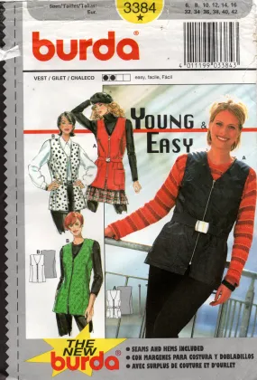 Burda 3384 Womens Zip Front Vest or Quilted Puffer Vest 1990s Vintage Sewing Pattern Sizes 6 - 16 UNCUT Factory Folded