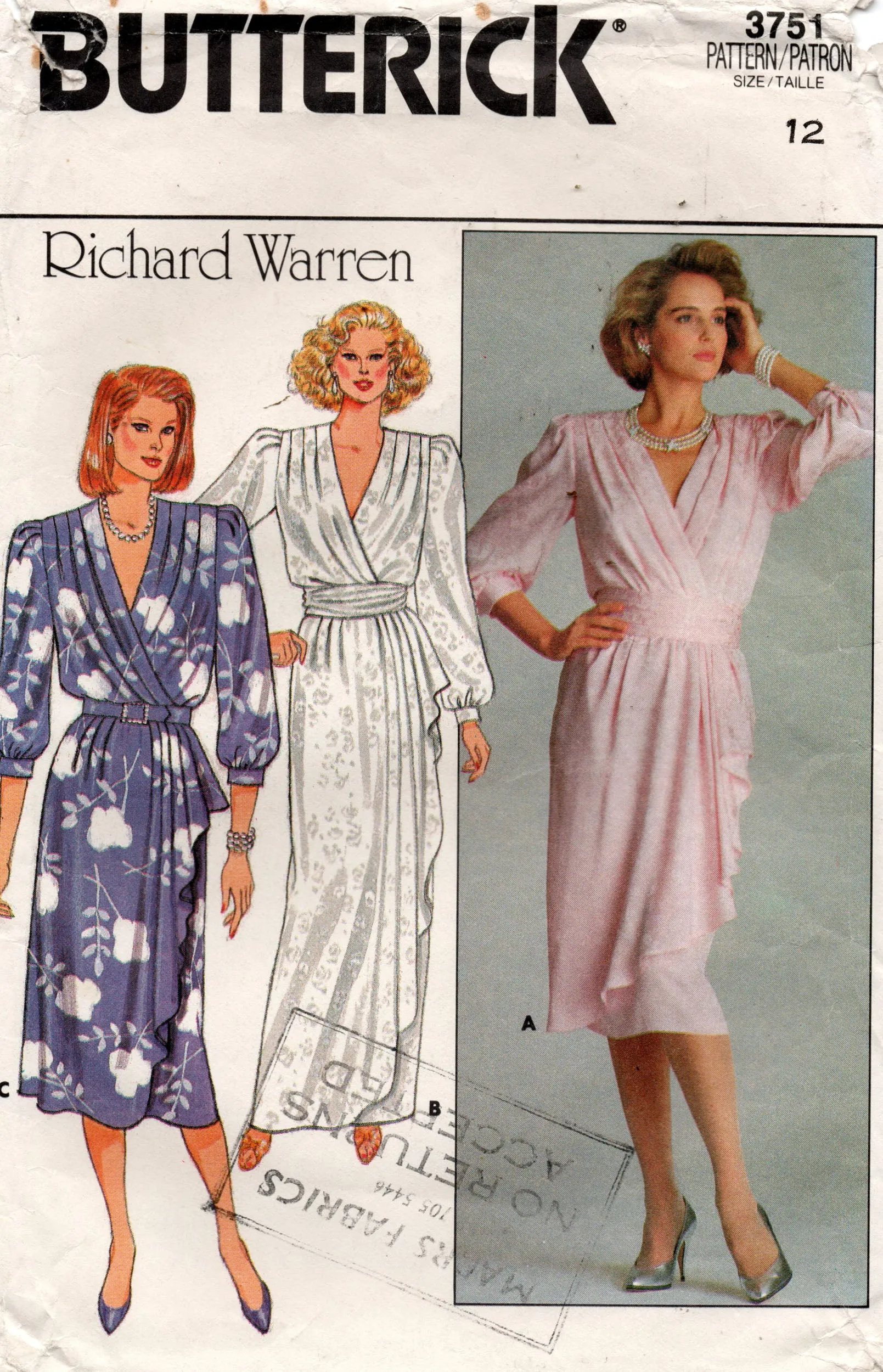 Butterick 3751 RICHARD WARREN Womens Mock Wrap Evening Dress & Cummerbund 1980s Vintage Sewing Pattern Size 12 Bust 34 inches