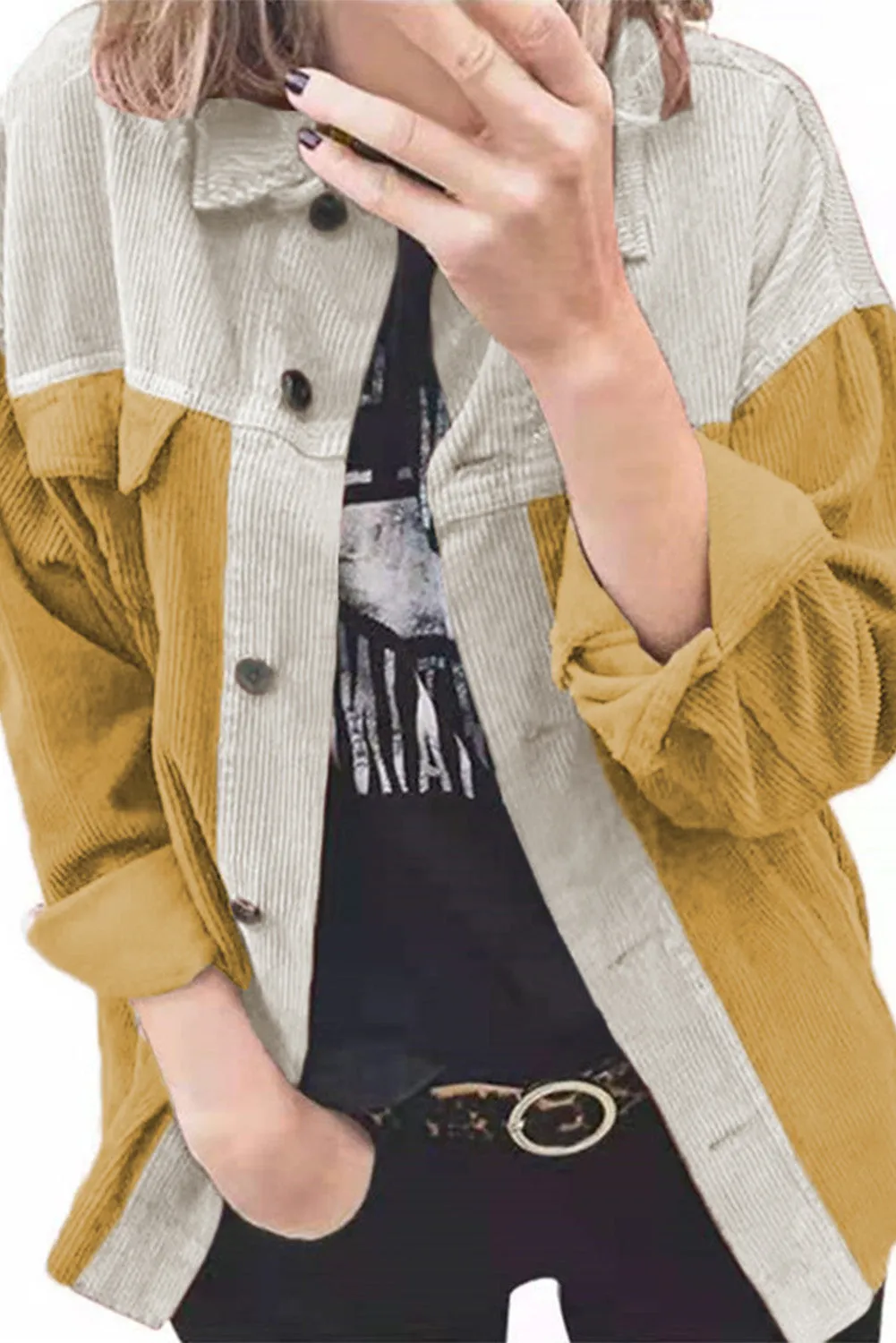 Buttoned Color Block Corduroy Jacket