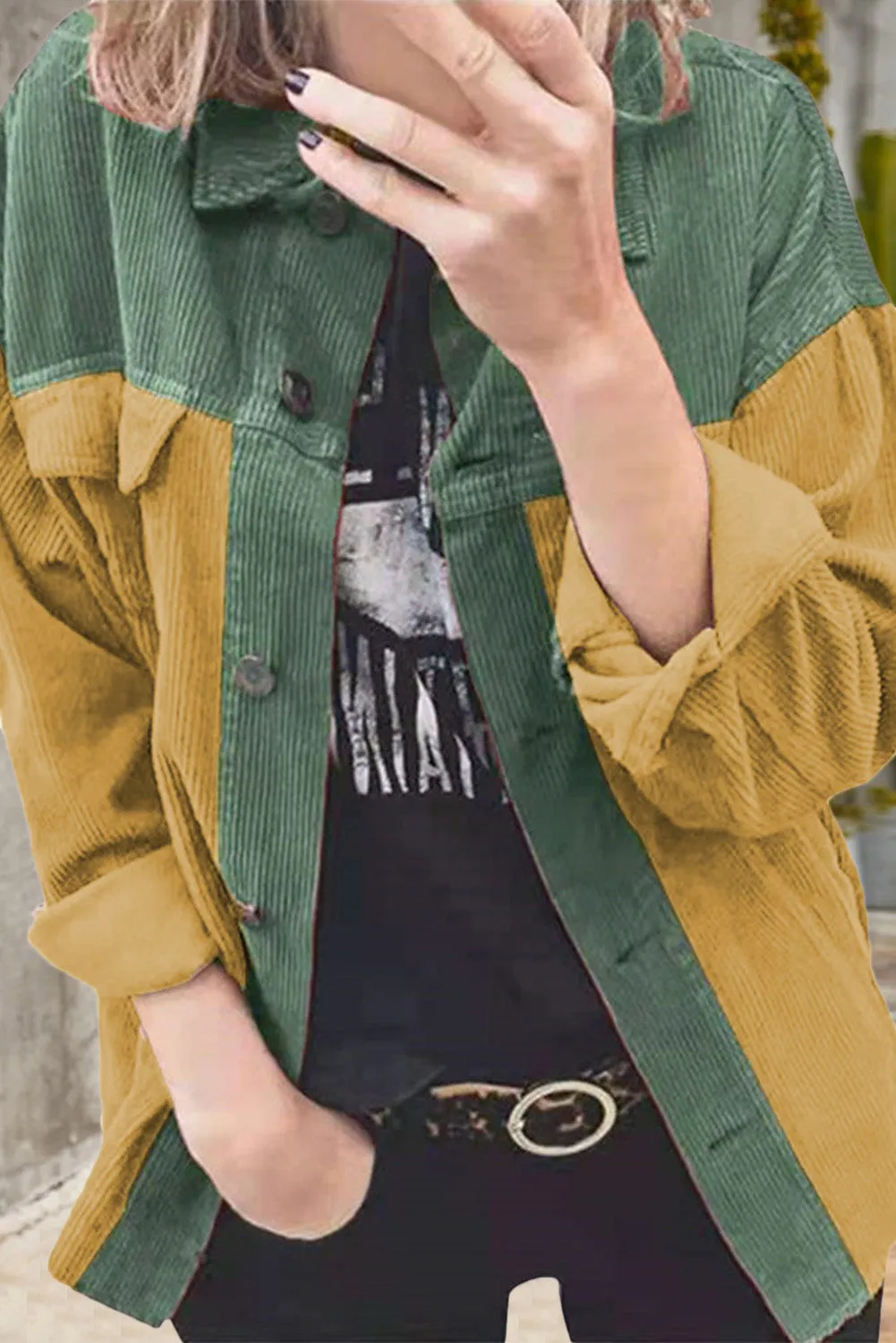 Buttoned Color Block Corduroy Jacket