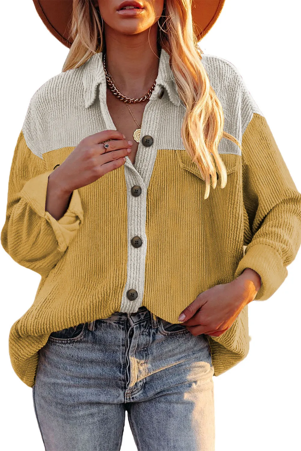 Buttoned Color Block Corduroy Jacket